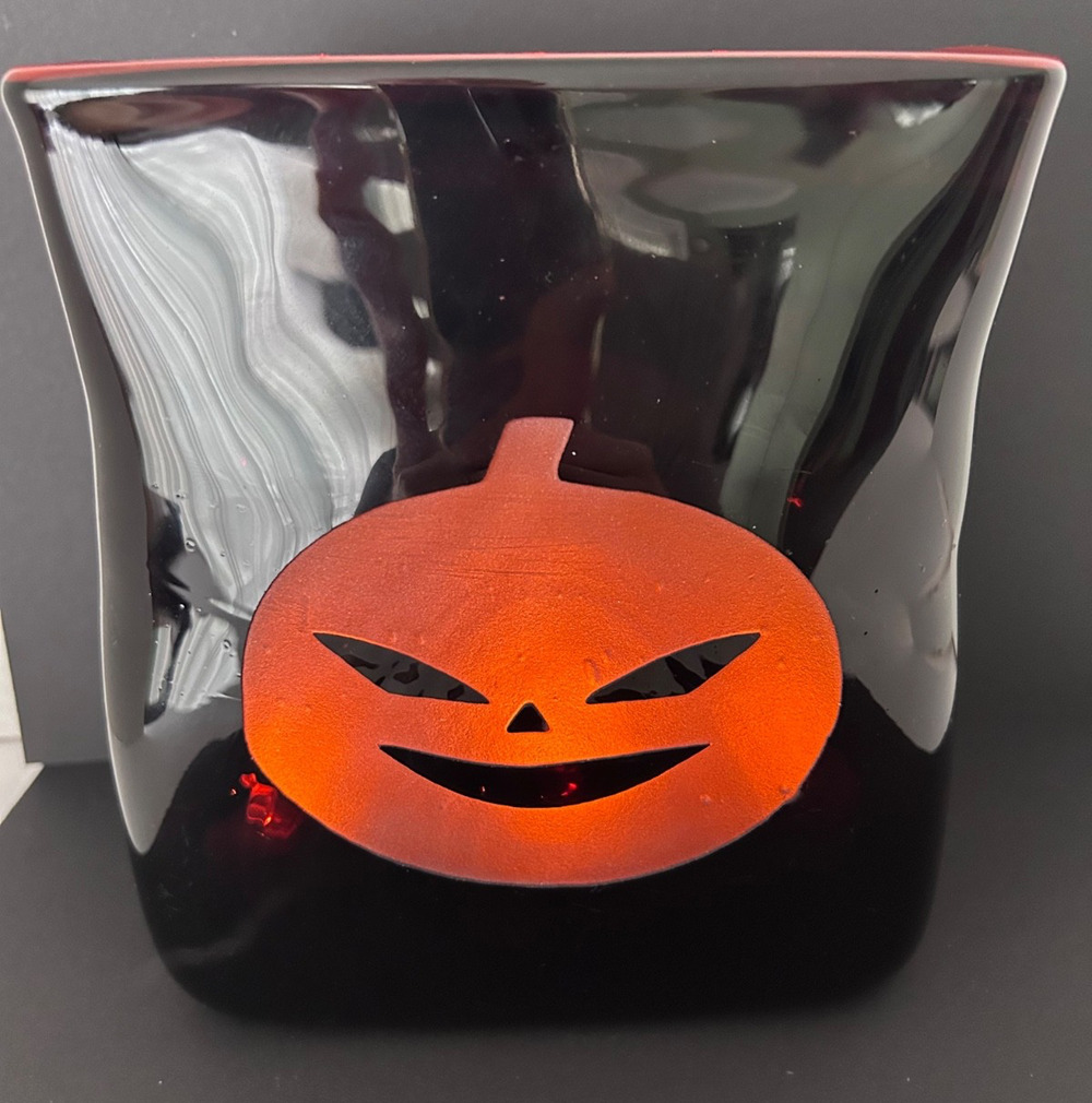 Spooky Oxblood Red Glowing Cut Glass Pumpkin Face Tea Lite Vase Halloween Italy
